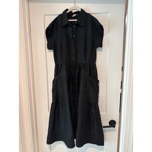 Julia Amory Betty Black 100% Silk Button Front Midi Dress with Pockets Size L